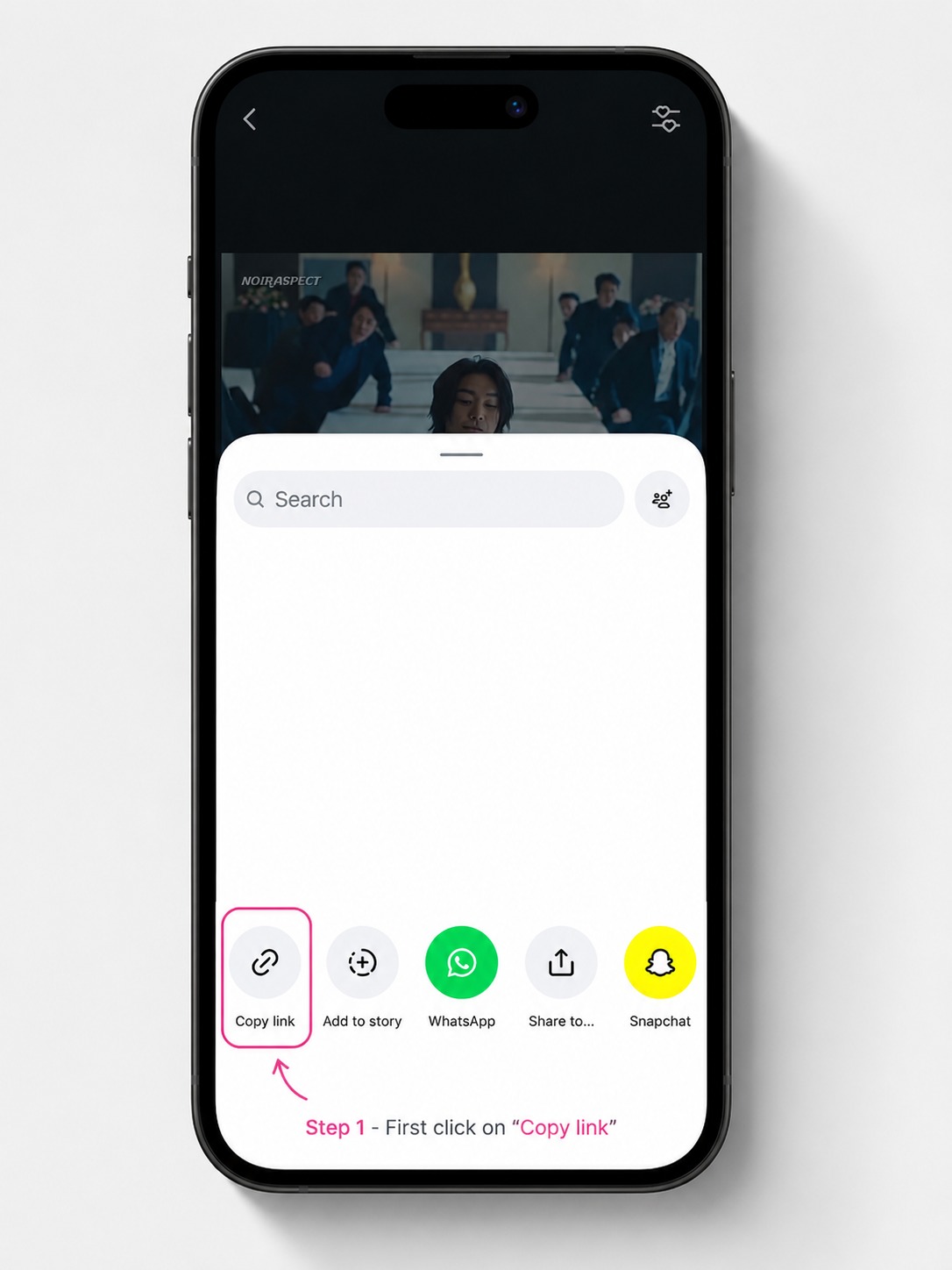 Phone tutorial showing how to use the share button and copy an Instagram Reel link