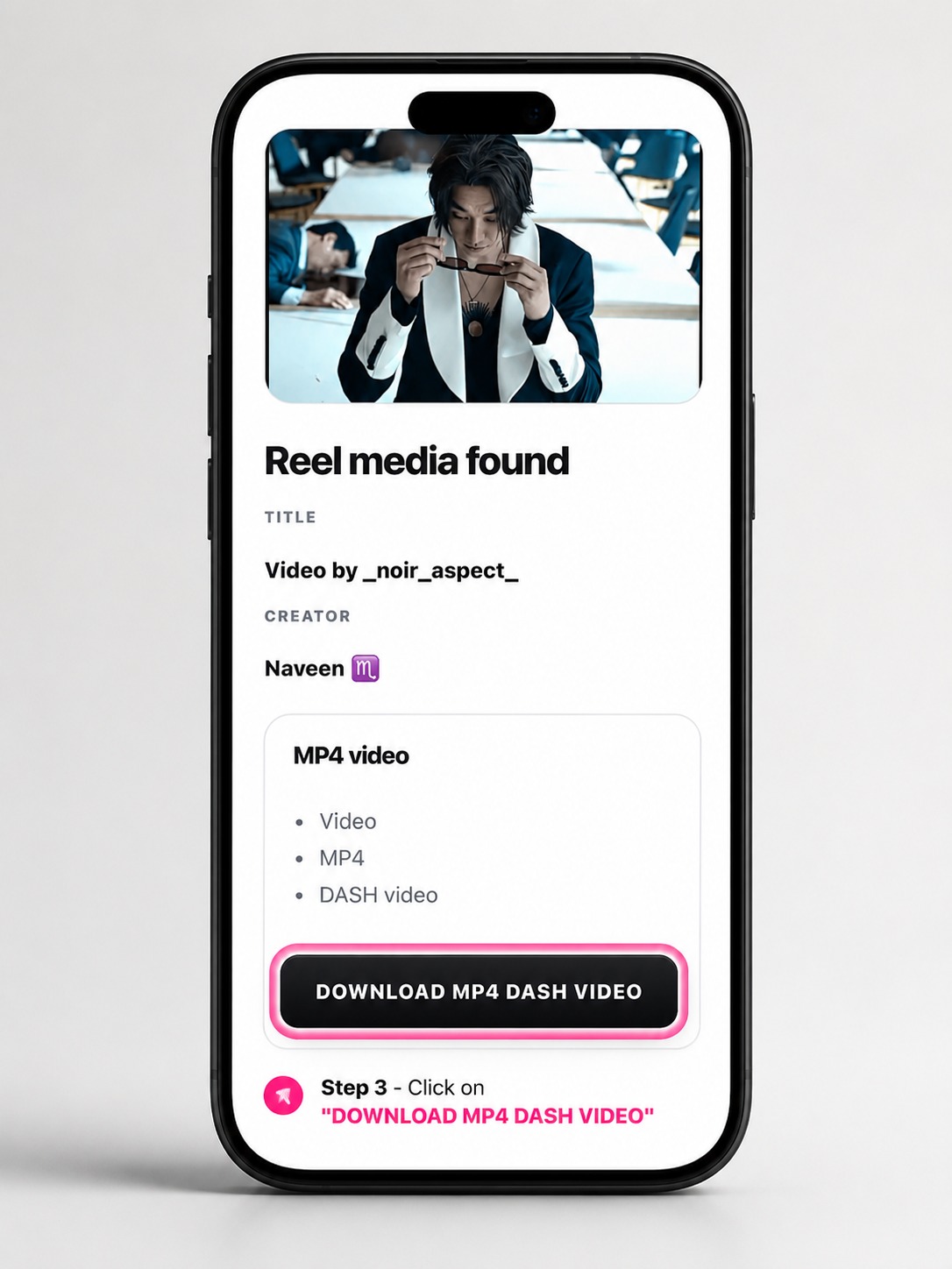 GoodFetch tutorial showing the Instagram Reel media result and MP4 download option