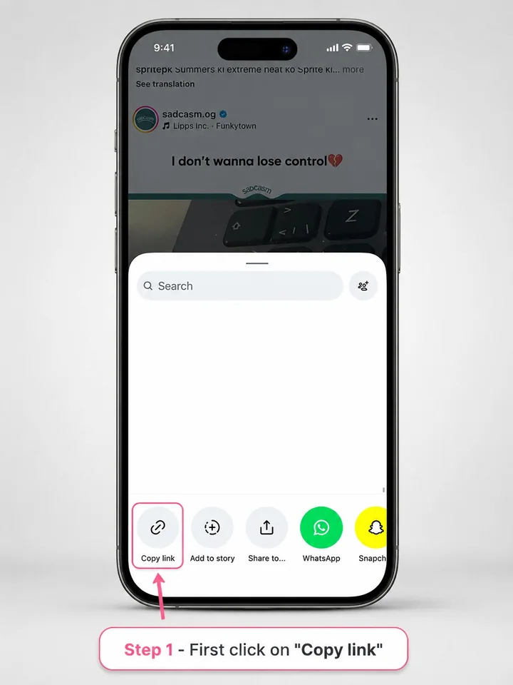 iPhone showing the Copy Link option for a public Instagram photo post
