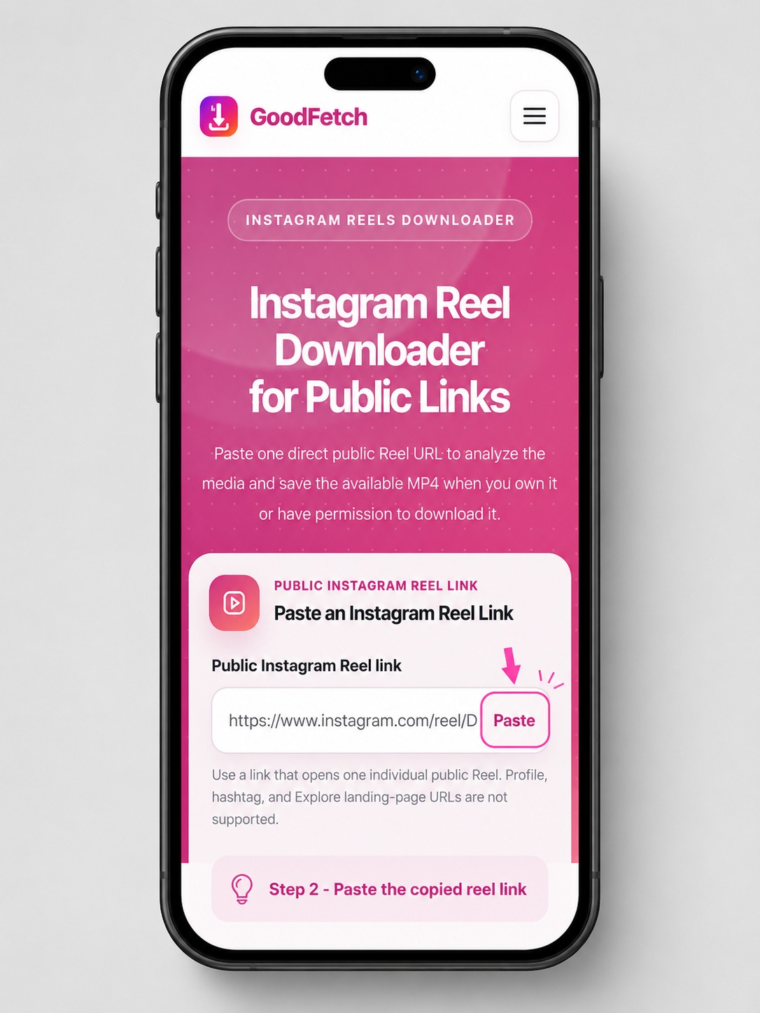 GoodFetch Instagram Reels downloader showing where to paste a copied Reel link and start analysis